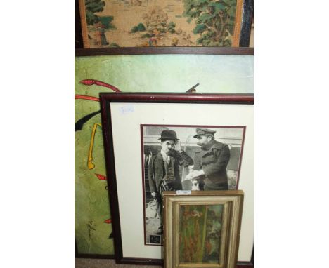LOT OF PICTURES AND PRINTS
including oil on panel, print of Charlie Chaplin and two others