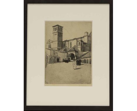 FRED RICHARDS (BRITISH 1878 - 1932),
VIEW FROM A CHURCH CLOISTER
etching on paper, signed in pencil to margin and numbered 'A