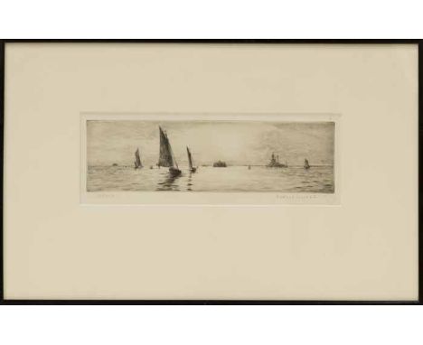* ROWLAND LANGMAID (BRITISH 1897-1956), 
SPITHEAD
etching on paper, signed in pencil 
9cm x 30cm 
Mounted, framed and under g