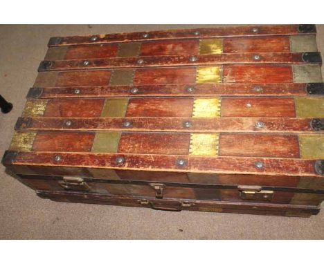 VINTAGE METAL MOUNTED WOOD TRUNK
