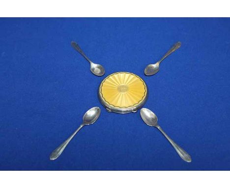 FOUR SILVER TEASPOONS AND AN ENAMELLED COMPACT
the compact with guilloche enamel in yellow