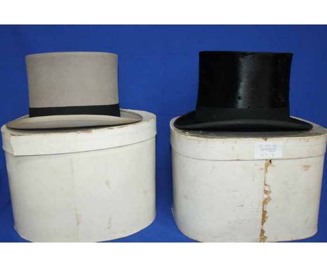 TWO VINTAGE SILK TOP HATS
including a black full silk top hat by Robert Heath of Knightsbridge, in original hat box and a gre