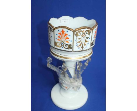 EARLY 20TH CENTURY GLASS TABLE LUSTRE 
with painted decoration in orange and blue, with gilt detailing 