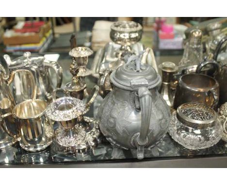 GOOD LOT OF SILVER PLATED WARE
including a silver toast rack, hotel plate three piece tea service, pair of candelabra. entree