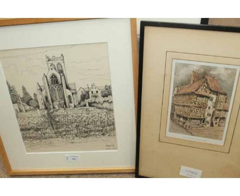 RORR,
PAISLEY ABBEY
pen on paper;
MALCOLM OSBORNE
LONDON SQUARE
etching, signed in pencil;
and a print after Percy Cordor (3)