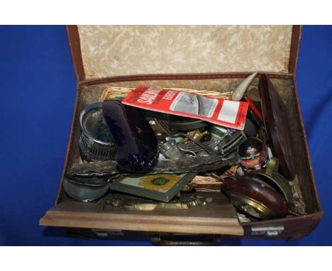 LOT OF VARIOUS COLLECTABLE ITEMS
including naval badge, brassware, barometer, plated flatware in a vintage suitcase