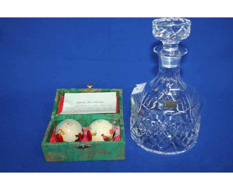 GLASS SPIRIT DECANTER AND STOPPER
along with an Edinburgh Crystal paperweight, Chinese therapy balls and a Bradford Exchange 