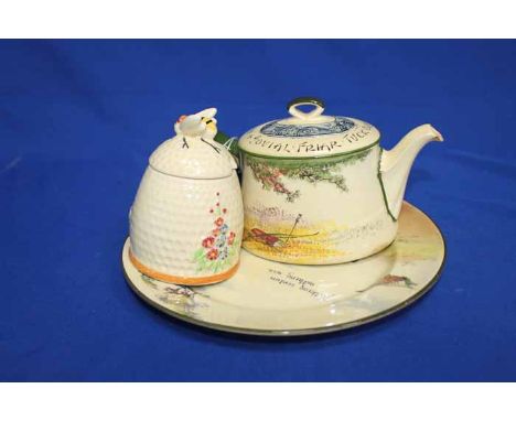 ROYAL DOULTON 'UNDER THE GREENWOOD TREES' TEAPOT
together with a Royal Doulton 'Old Illustrarted Proverbs' cabinet plate, D35