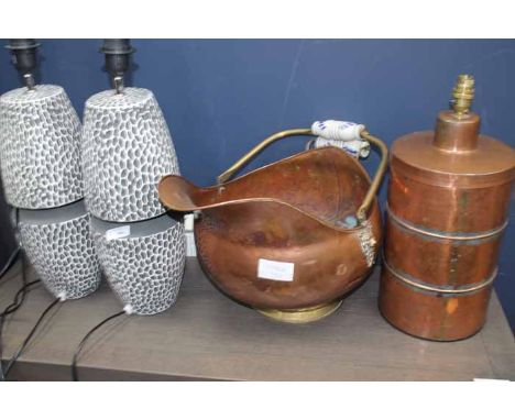 TWO MODERN TABLE LAMPS, COPPER COAL SCUTTLE AND A COPPER LAMP 
