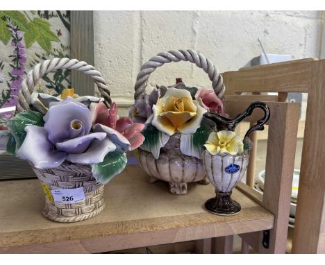 Two ceramic floral capodimonte baskets and a small jug