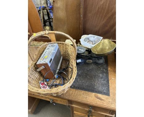 Two sets of kitchen scales and weights, basket etc