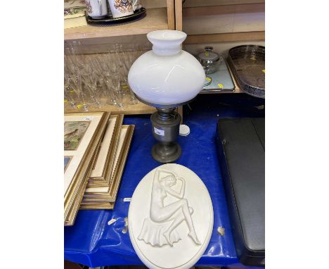 An oil lamp with white glass shade and an oval pottery pluck (2)