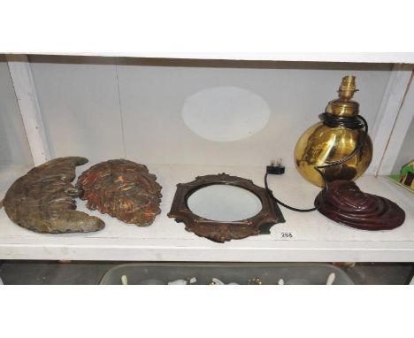 5 assorted items including man-in-moon and bearded man pottery plaques and table lamp. 