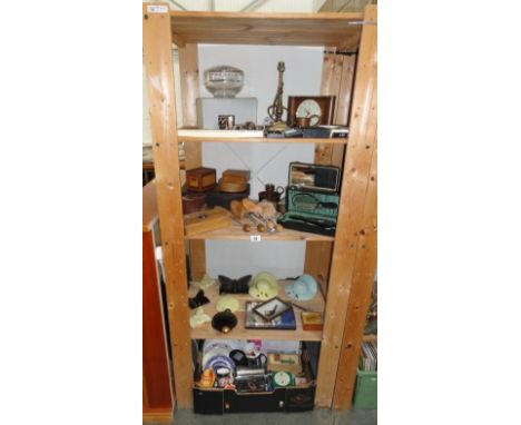 4 shelves of miscellaneous items including lamp, clock, shoe trees etc.