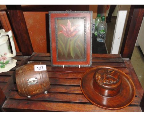 A 1930s oak barrel tea caddy etc.