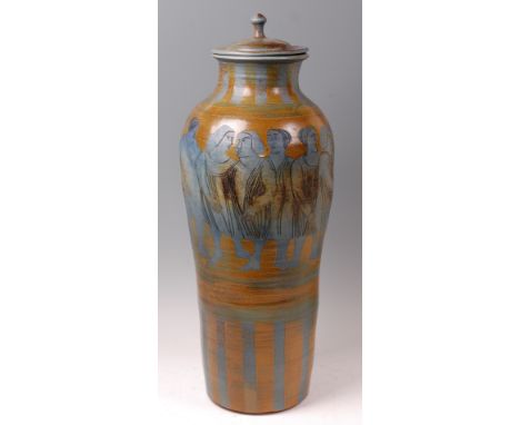 A large glazed studio pottery floor vase and cover, of shouldered tapering form, painted in tones of blue, brown and green, t