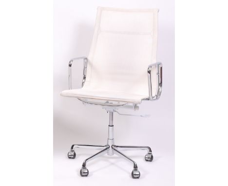 Charles Eames for ICF - A chrome and cream mesh swivel highback EA108 office desk chair, raised on five spoke roller base, wi
