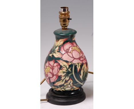 A modern Moorcroft pottery table lamp, ***IN THE PEONY PATTERN DESIGNED BY PHILIP GIBSON*** decorated with flowers, of lower 