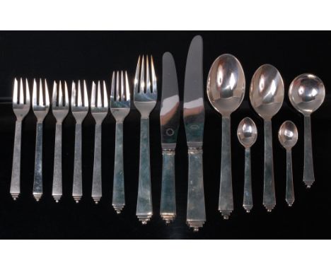 A Georg Jensen single place setting sterling silver cutlery suite, comprising; tablespoon, dessert spoon, soup spoon, teaspoo