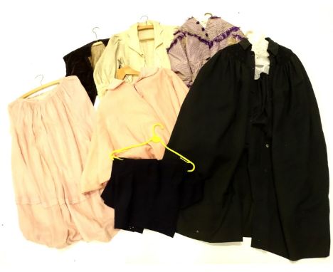 Various ladies garments, to include a silk jacket with purple striped tassel decoration, an educational cape, a velvet waistc