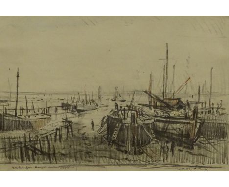 Robert King (b.1936). Sketch for barges under repair, coloured drawing, signed and titled, 27.5cm x 40 cm.
