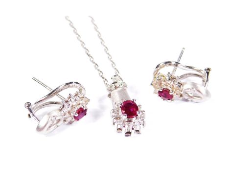 A white gold diamond and ruby necklace and earring set, with club shaped pendant, 2cm H, attached to a slender link chain and