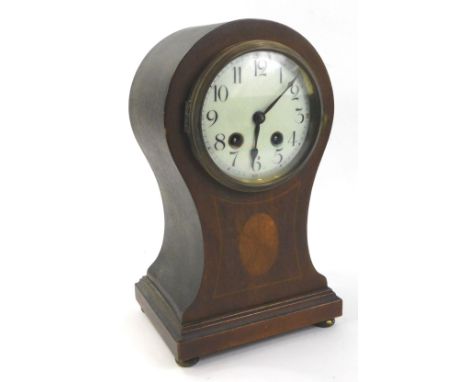 An Edwardian mahogany and simulated marquetry balloon shaped mantel clock, with French movement and dial, 29cm H.