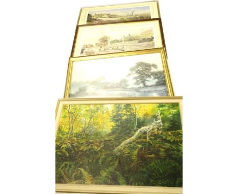 After Alan Ingham.  Upwell Farm near Broadway, Worcestershire, and Down From The Hills, coloured prints, an oil painting of f