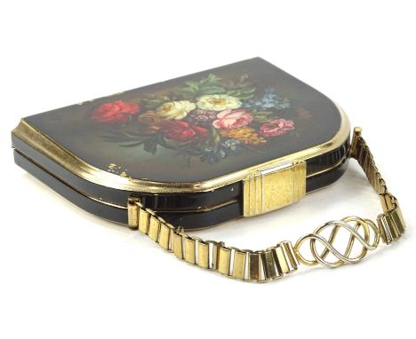 A Stratton Minaudiere evening bag and compact, the lid decorated with an Old Master type floral still life, with a gilt metal