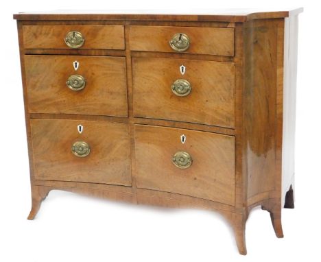 A 19thC mahogany commode or chest of drawers, with boxwood strung top, above an arrangement of six concave fronted drawers, f