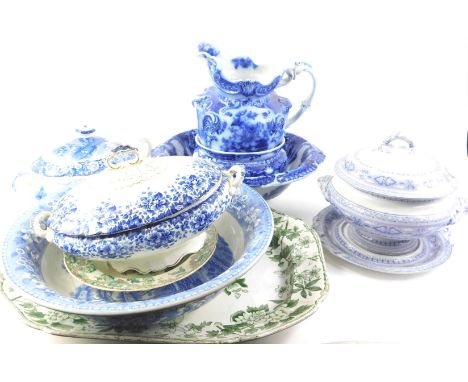 A collection of ceramics, to include a blue wash jug, bowl and chamber pot, tureens, further wash bowl, Spode green printed m