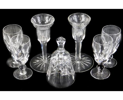 A quantity of signed Waterford Crystal, to include four Kathleen Sherry glasses, a Karina candlestick and Liz Moor bell. (7)