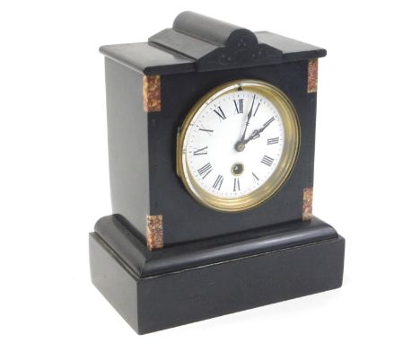 A French black slate and marble mantel clock, with a shaped top, the white enamel dial with Roman numerals, 25cm H.
