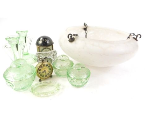 A collection of glass etc., to include a mottled ceiling light, a Europa travelling timepiece, a crystal mantel timepiece etc