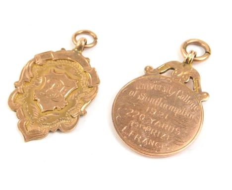 Two 9ct rose gold medals, for The University College of Southampton 1921 220 yards first prize, and The University College YM