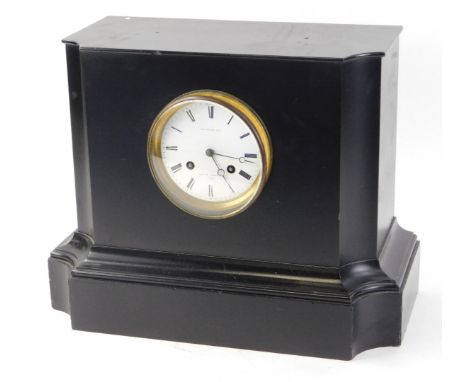 A French black slate mantel clock, the enamel dial signed Boursier Paris, 40cm W.