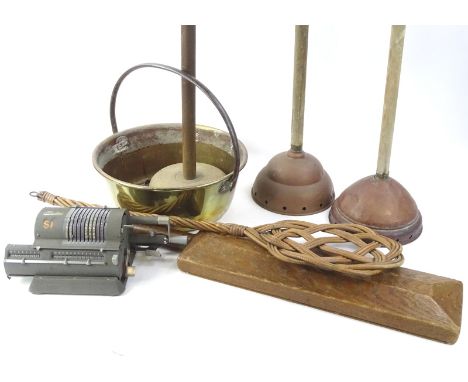 Bygones, collectables, etc, to include a vintage calculator adding machine, 30cm W, and ash and elm wash paddle, posher, ston