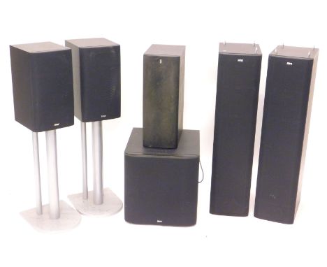 A pair of B&amp;W floor standing hi fi speakers, 89cm H, another pair of B&amp;W speakers on stands, a B&amp;W woofer speaker