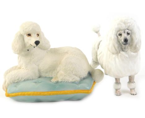 A Royal Doulton ceramic model of a poodle and a matt glazed Royal Doulton porcelain poodle, modelled recumbent on a cushion o