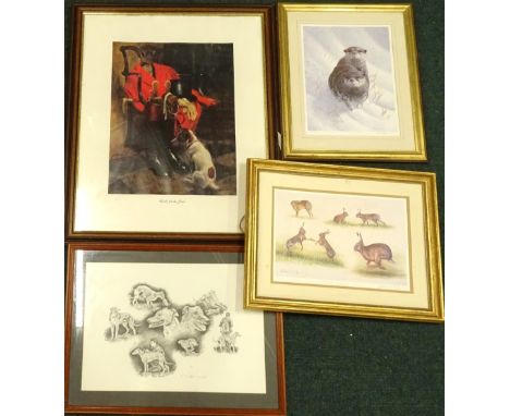 After Robert E Fuller. Mad march hares, artist signed limited edition print, 29cm x 40cm, a print of a lurcher after straw, a