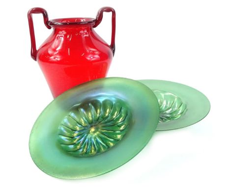 A large two handled Ruby tinted glass vase by Martinuzzi for Venini, and two MVM Cappellin bowls. (3)