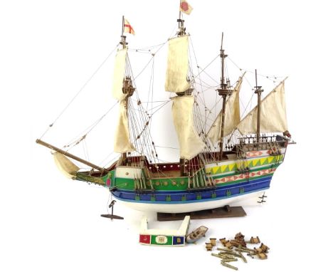 A scale model Sir Walter Raleigh's first Ark Royal, with four masts, elaborately painted in various colours.