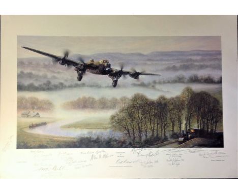  World War Two print 18x25 titled Lancaster signed in pencil by the artist Bill Perring and 21, bomber command veterans inclu