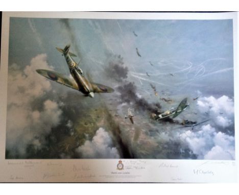 World War Two print 24x30 overall Battle over London by the artist Frank Wootton signed in pencil by the artist and eleven RA