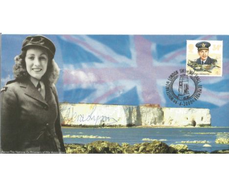 Dame Vera Lynn signed FDC Sprit of Britain during World War Two. Portrait of Dame Vera Lynn with backdrop ‘the white cliffs o