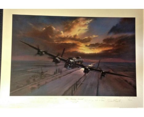 World War Two 17x24 print titled The Shinning Sword Lancaster over Holland signed in pencil by the artist Simon Smith and 8, 
