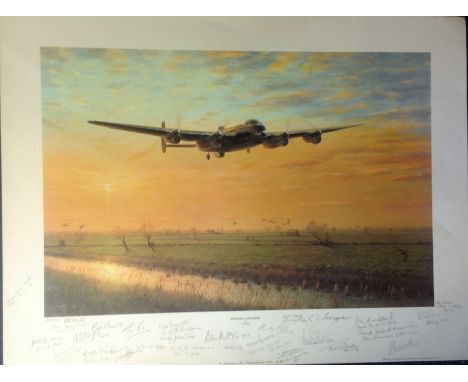 World War Two print 22x28 titled Fenland Lancaster signed in pencil by the artist E. A. Mills and 31, bomber command veterans