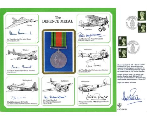 WW2 multisigned DM cover The Defence Medal signed by A. V. M Sir Alan Boxer, A. C. M Sir Brian Burnett, Fl Lt T. Franks, A. C