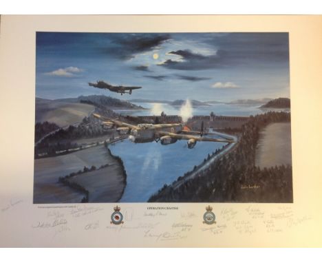 Shortland Dambuster World War Two print titled Operation Chastise by the artist John Larden signed by 18, Bomber command vete