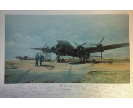 World War Two Lancaster Print 18x27 titled Flight Engineers Report signed in pencil by the artist Maurice Gardner and over 40